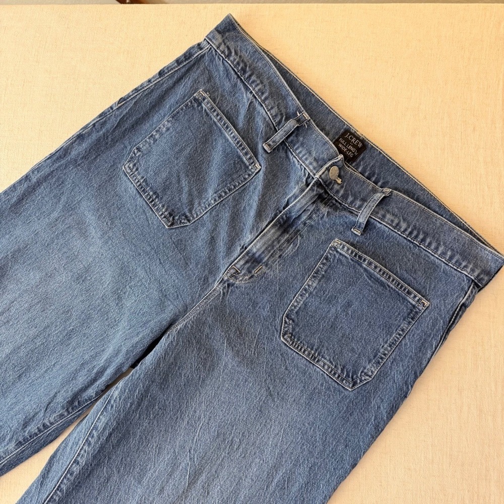 J.Crew Full Length Wide-Leg Jeans Medium Wash Raw Hem 32 High Rise Patch Pocket - Picture 7 of 9